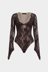 Contrast Lace V-Neck Twist Knot Long Sleeve Bodysuit