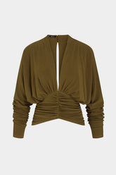 Deep V-Neck Ruched Long Sleeve T-Shirt