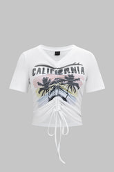 Coconut Palm Letter Print Round Neck Drawstring Ruched Short Sleeve T-Shirt