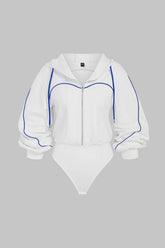 Contrast Trim Zipper Hooded Long Sleeve Bodysuit
