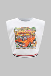 Car Print Round Neck Sleeveless T-Shirt