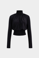 Basic Faux Leather High Collar Wrinkled Long Sleeve T-Shirt